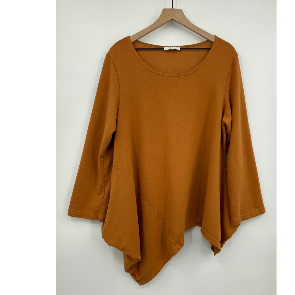 Bryn Walker Shirt Womens Large Orange Bamboo Cotton Spandex Asymmetric Hem